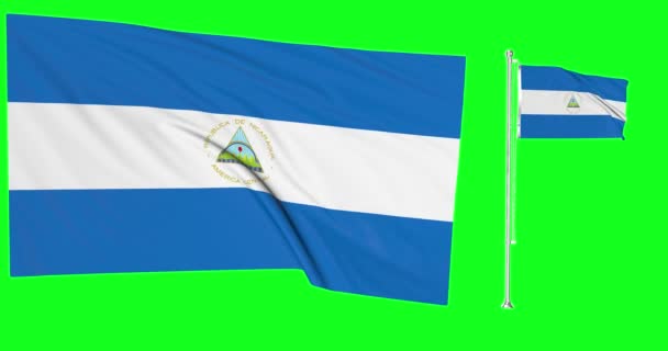 Зеленый Экран Никарагуа Два Флага Размахивая Ветру Никарагуанский Флагшток Animatio Лицензионные Стоковые Видеоролики