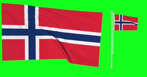 Tela Verde Noruega Duas Bandeiras Acenando Norwegian Flagpole Animação Chave — Vídeo de Stock