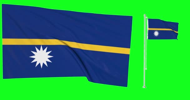 Tela Verde Nauru Duas Bandeiras Acenando Nauruan Flagpole Animação Chave — Vídeo de Stock