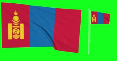 Yeşil ekran Moğolistan iki bayrak sallıyor Moğol bayrak direği animasyonu 3d kroma ke