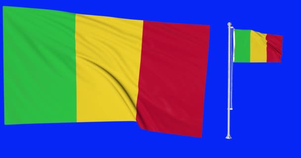 Groen Scherm Mali Twee Vlaggen Zwaaien Malian Vlaggenmast Animatie Chroma — Stockvideo
