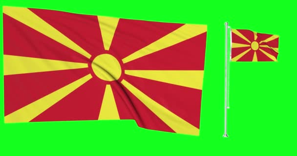 Tela Verde Macedônia Duas Bandeiras Acenando Macedônio Flagpole Animação Chroma — Vídeo de Stock