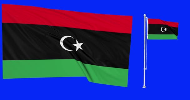 Groen Scherm Libië Twee Vlaggen Zwaaien Libische Vlaggenmast Animatie Chroma — Stockvideo