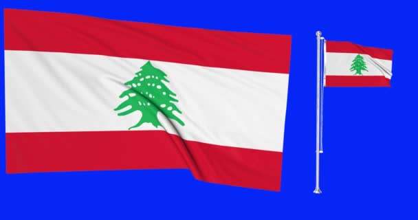 Зеленый Экран Ливан Два Флага Размахивая Ливанскими Флагштоками Анимации Хрома — стоковое видео