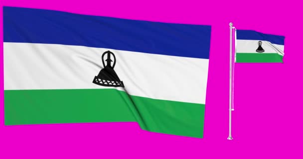 Grön Skärm Lesotho Två Flaggor Viftar Lesothan Flaggstång Animation Kroma — Stockvideo