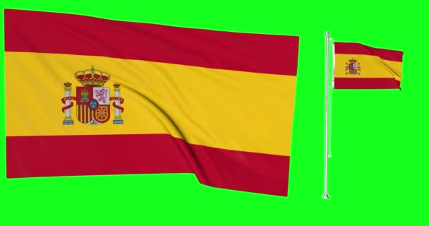 Pantalla Verde España Dos Banderas Ondeando Bandera Española Animación — Vídeo de stock