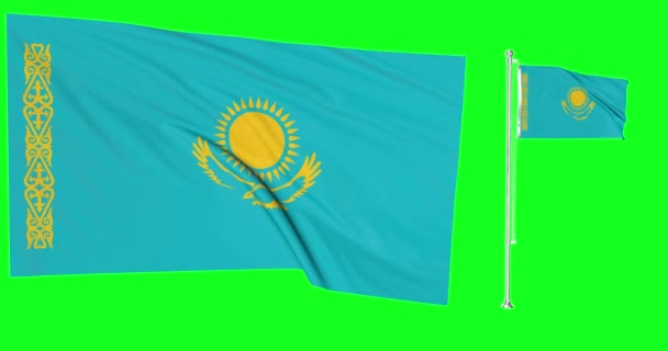Loop Tela Verde Cazaquistão Duas Bandeiras Acenando Kazakhstani Flagpole Animação — Vídeo de Stock