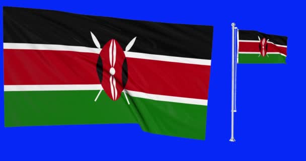 Green Screen Kenya Two Flags Waving Wind Kenyan Flagpole Animation — Stock Video