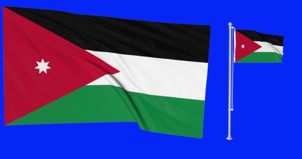 Зеленый Экран Петли Иордании Два Флага Размахивая Джорданский Флагшток Анимации Стоковое Видео