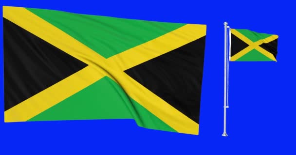Loop Tela Verde Jamaica Duas Bandeiras Acenando Jamaicano Flagpole Animação — Vídeo de Stock
