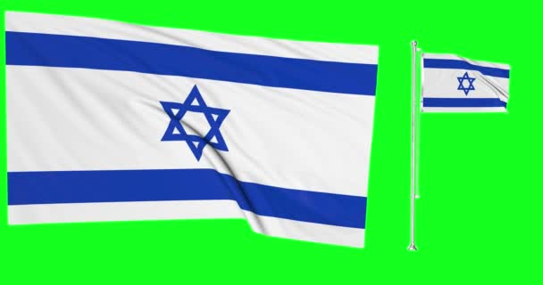 Tela Verde Israel Duas Bandeiras Acenando Israelita Flagpole Animação Chroma — Vídeo de Stock