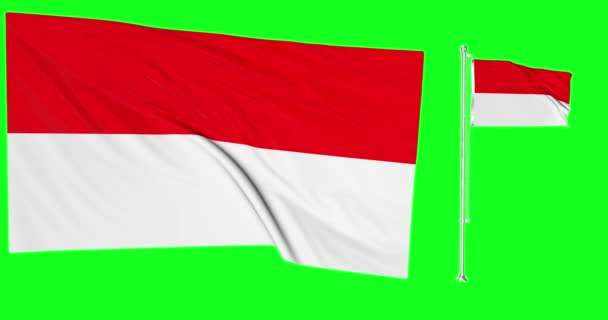 Зеленый Экран Индонезия Два Флага Размахивая Индонезийской Анимации Флагшток Хрома — стоковое видео