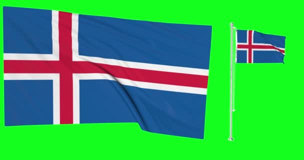 Groen Scherm Ijsland Twee Vlaggen Zwaaien Icelandic Vlaggenmast Animatie Chroma — Stockvideo