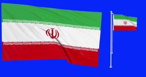 Tela Verde Irã Duas Bandeiras Acenando Iraniano Flagpole Animação Chave — Vídeo de Stock