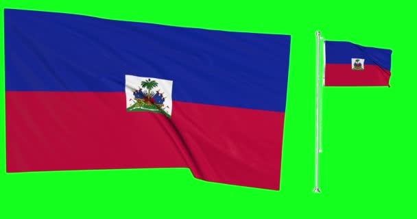 Groen Scherm Haïti Twee Vlaggen Zwaaien Haïtiaanse Vlaggenmast Animatie Chroma — Stockvideo