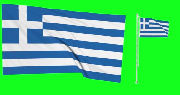 Zöld Képernyő Görögország Két Zászló Hullámzó Görög Zászlórúd Animáció Chroma — Stock videók