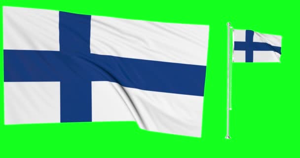 緑の画面フィンランド2つのフラグは フィンランドの旗竿アニメーション3Dクロマキーを振って — ストック動画