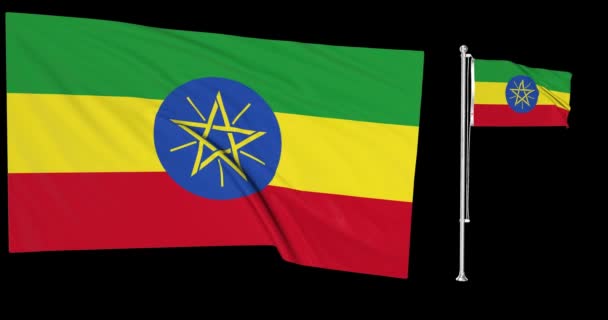 Groen Scherm Ethiopië Twee Vlaggen Zwaaien Ethiopische Vlaggenmast Animatie Chroma — Stockvideo