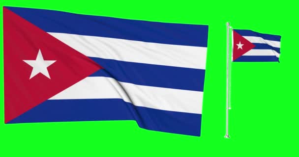 Écran Vert Cuba Deux Drapeaux Agitant Dans Vent Animation Mât — Video