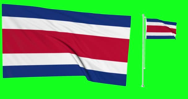 Verde Schermo Costa Rica Due Bandiere Sventolando Ricani Pennone Animazione — Video Stock