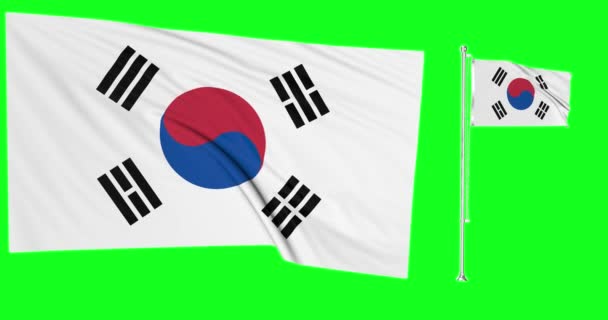 Lazo Pantalla Verde Corea Del Sur Dos Banderas Ondeando Bandera — Vídeos de Stock