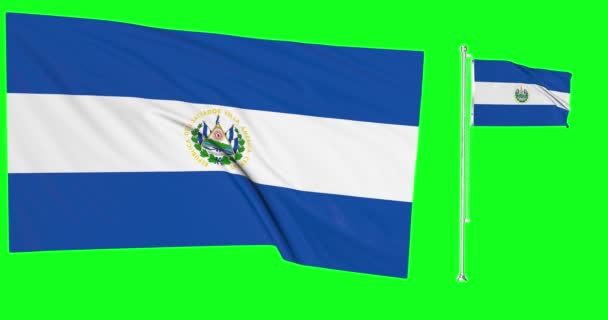 Zielony Ekran Pętli Salwadoru Dwie Flagi Machając Salvadoran Flagpole Animacji — Wideo stockowe