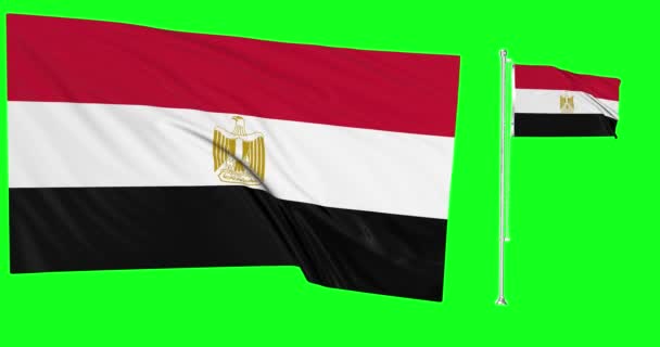 Groene Scherm Lus Van Egypte Twee Vlaggen Zwaaien Egyptische Vlaggenmast — Stockvideo