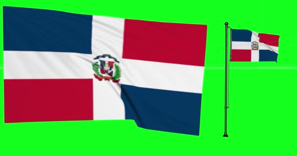 Green Screen Loop Republic Dominican Two Flags Waving Flagpole Animation — Stock Video