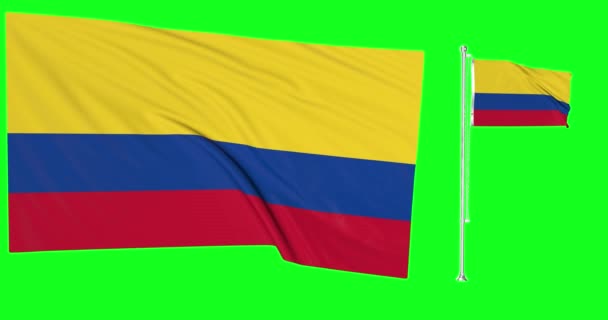 コロンビアの緑の画面ループコロンビアの旗竿アニメーション3Dを振って2つのフラグ — ストック動画