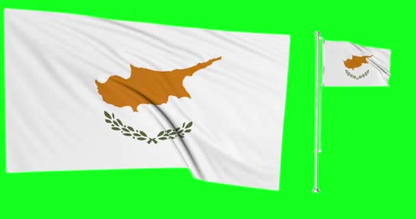 Зеленый Экран Кипра Два Флага Размахивая Кипрский Флагшток Анимации — стоковое видео