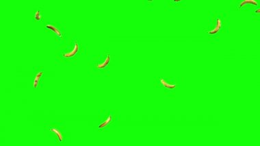 Yeşil ekran ya da krom anahtar animasyon 3d üzerine düşen muzlu meyve yağmuru