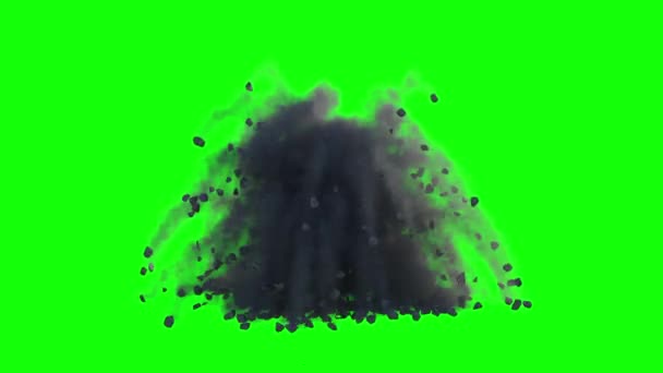 黑石和浮尘或粉末的爆炸 倒塌的岩石和碎片落在地板上 绿色屏幕上的动画 — 图库视频影像