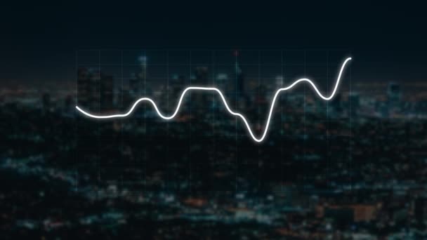 二重画面露出 線の統計図や都市の反射 画面上のインフォグラフィック コンピュータモニタ上の反射のアニメーション — ストック動画