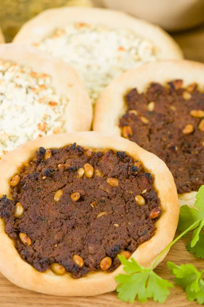 Lahm Bi Ajin, Zaatar and Cheese Manakish — Stock Photo, Image