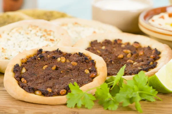 Lahm Bi Ajin, Zaatar and Cheese Manakish — Stock Photo, Image