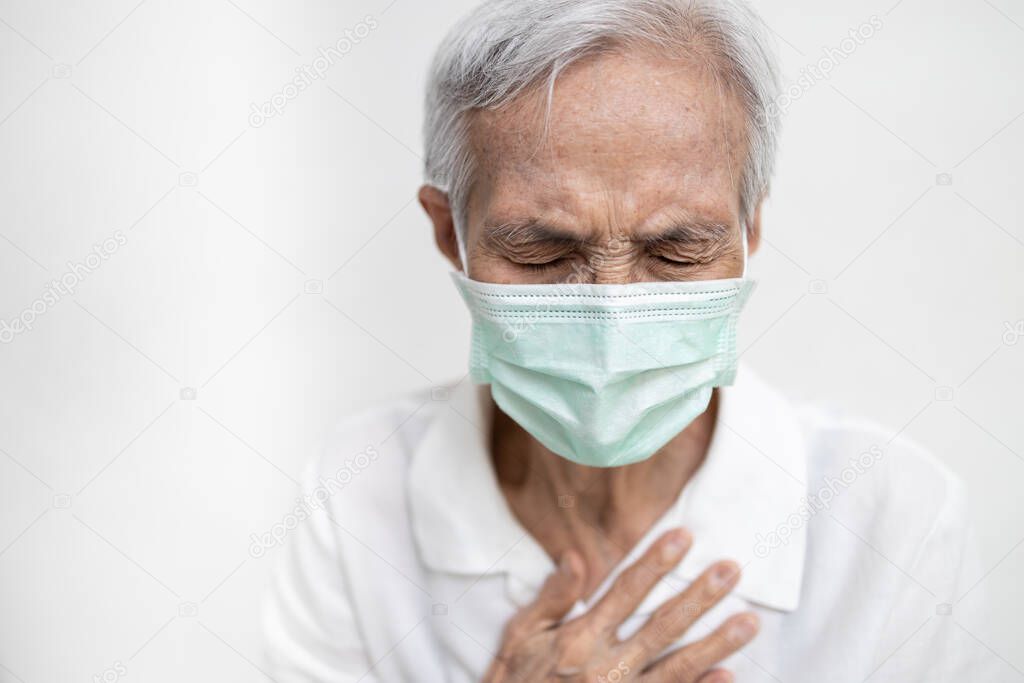 Asian old elderly have difficulty breathing,tired patient suffering from pain,chest feel tight,acute dyspnea,asthma,shortness of breath,illness,problems of respiratory,pneumonia disease,lung infection