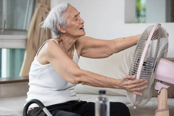 Feliz Mujer Mayor Sonriente Disfrutando Del Viento Refrescante Del Ventilador —  Fotos de Stock