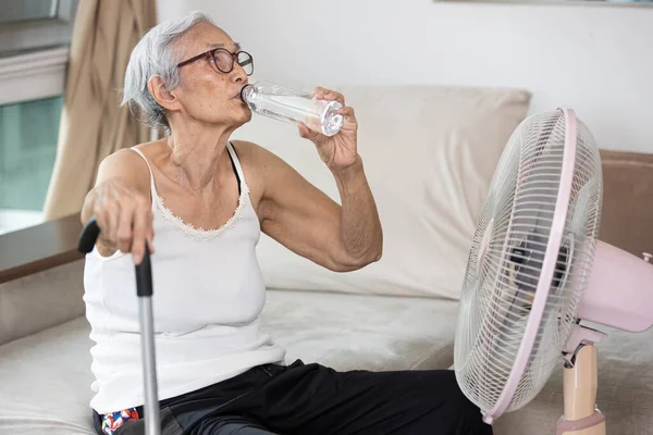口渴的老年妇女喝水解渴 在炎热的夏天休息 年长的祖母享受风扇吹来的凉风和喝水 保持身体水分平衡 待在家里 享受生活方式 — 图库照片