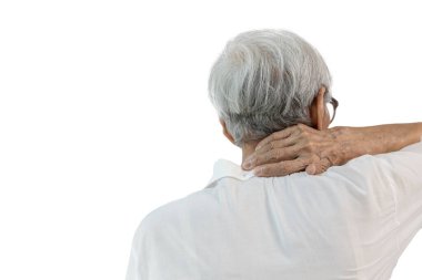 Geriye bakış, boyun ağrısı, boyun spondilozu hastalığı, enseye dokunan yaşlı bir kadın, kas gerilimi, artkafa kemiğinde yaralanma, boyun eklemlerinde sorunlar, boyun omurgası sorunları,