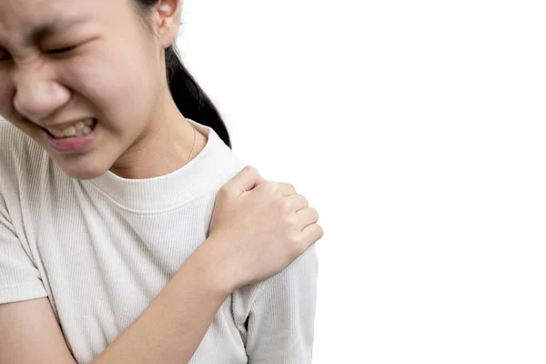 Азиатская Девочка Имеет Больное Плечо Болезненное Воспаление Мышц Плеча Боль — стоковое фото