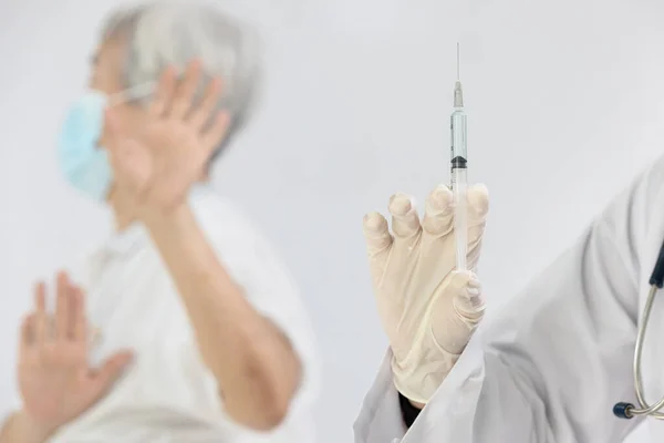 Hands Doctor Preparing Syringe Inject Elderly Stop Hand Gesture Senior — Stock Photo, Image