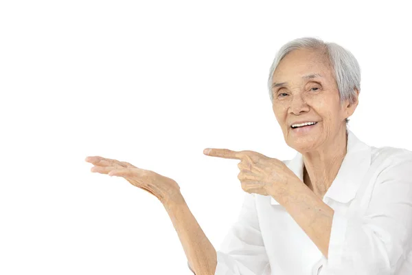 Senior Frau Öffnen Sie Die Handfläche Zeigen Oder Präsentieren Sie — Stockfoto