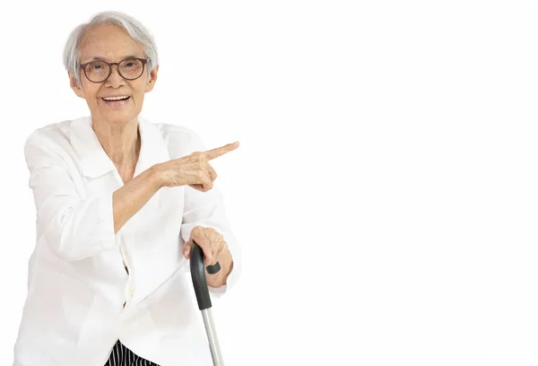 Glad Leende Asiatisk Senior Kvinna Bär Glasögon Som Håller Promenadkäpp — Stockfoto