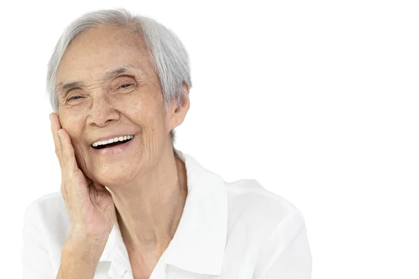 Asiatische Seniorin Mit Schönheit Gesicht Berühren Ihre Wange Genießen Gesunde — Stockfoto