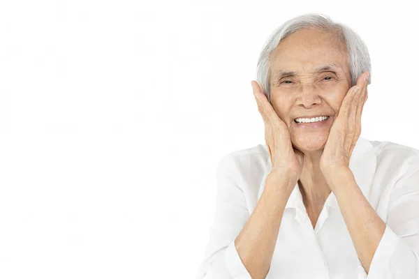 Mujer Anciana Asiática Sonriente Con Piel Cara Belleza Toque Sus —  Fotos de Stock