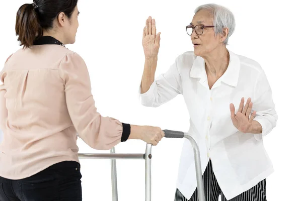 Friska Asiatiska Äldre Kvinna Vägrar Att Använda Vandrare Från Sjukgymnast — Stockfoto