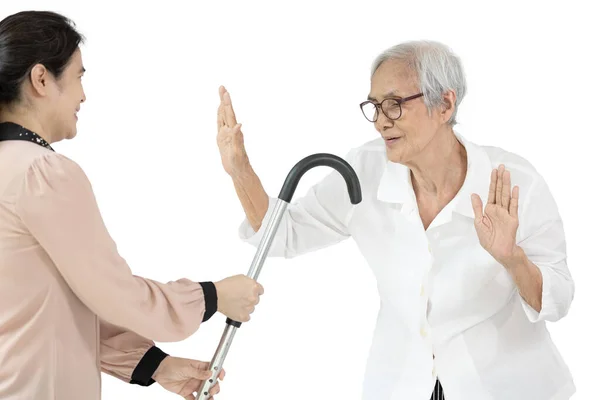 Asian Senior Refuses Use Walking Stick Healthy Old Elderly Taking — Stock Photo, Image