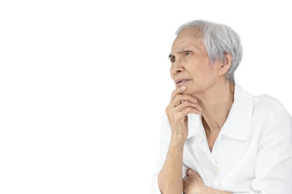 Donna Anziana Concentrata Toccare Mento Con Mano Pensare Guardando Spazio — Foto Stock