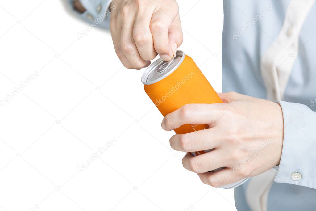 Hands of female using her fingers to open the pull tab of beverage can,unable to open a tin lid to drink,problem pulling the aluminium tab cover of a soft drink can,fingers without strength and weak