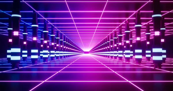 Απόδοση Ρετρό Sci Φόντο Μπλε Και Ροζ Neon Wireframe Πάτωμα — Φωτογραφία Αρχείου